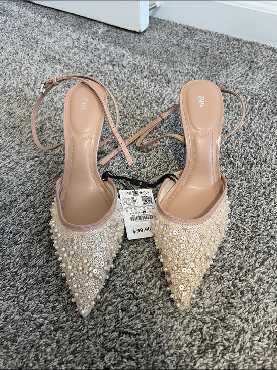 Zara Shoes - Zara Blush Sequin & Pearl Pointed Slingback Heels